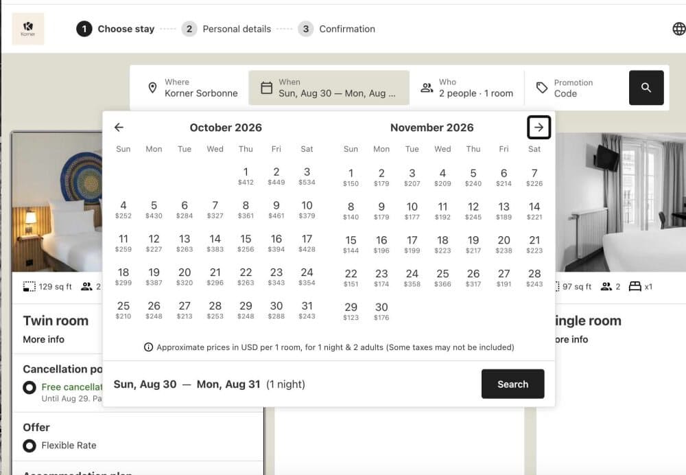 A screenshot of reservation page shows a huge range of prices for a hotel in Paris in October and November