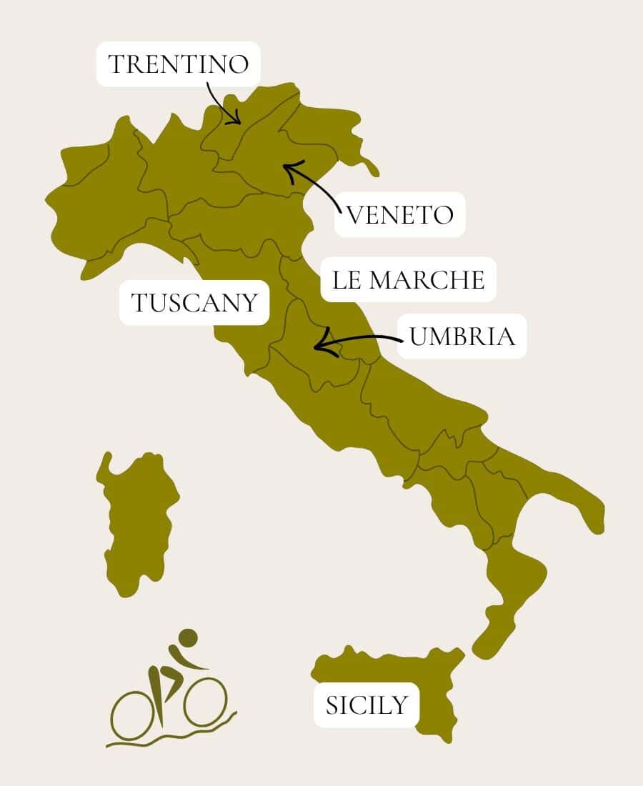 A map of Italy showing the borders of the different regions. The regions marked are recommended for cycling trips.