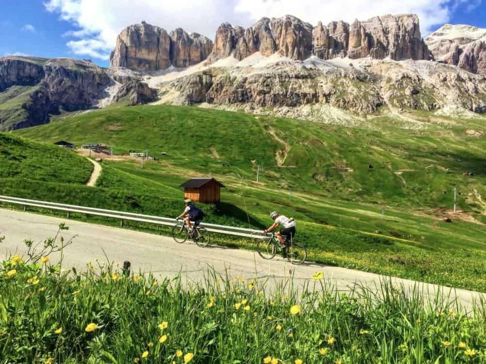 Two cyclists climb a hill in Italy with mountains beyond and flowers in the foreground