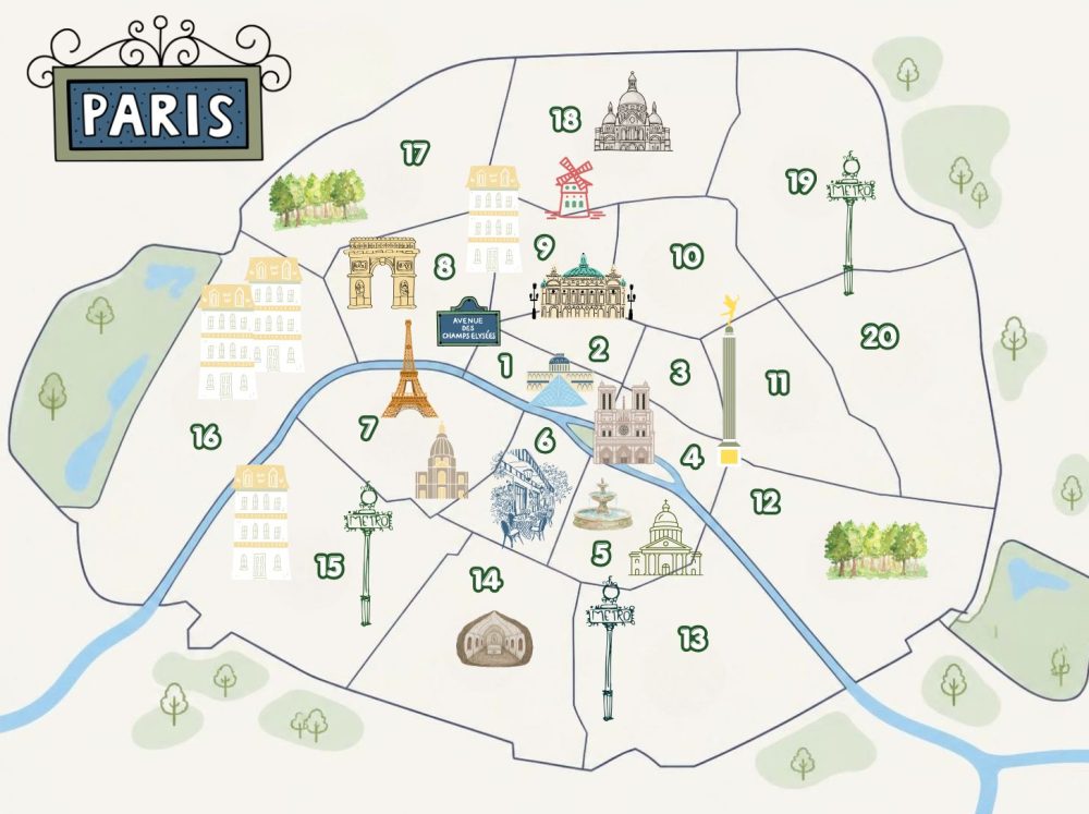 An illustrated map of Paris showing all the city's major monuments and the 20 neighborhoods which are each numbered.